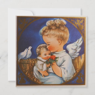 Cartão De Festividades Vintage Retro Angel com Bebê Jesus Natal