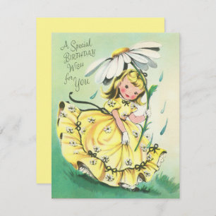 Cartão De Festividades Vintage Retro Birthday Girl Segurando Uma Margarid