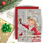 Cartão De Festividades Vintage Retro Christmas Girl com presentes persona<br><div class="desc">Uma ilustração vintage do século médio de um belo carregando feminino embrulhou presentes de Natal e bateu na porta da frente enquanto um pássaro vermelho bonito olha para ele. Personalize personalizando a mensagem no verso e/ou adicionando seus nomes.</div>