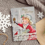 Cartão De Festividades Vintage Retro Christmas Girl com presentes persona<br><div class="desc">Uma ilustração vintage do século médio de um belo carregando feminino embrulhou presentes de Natal e bateu na porta da frente enquanto um pássaro vermelho bonito olha para ele. O dentro de sentimento diz: "Que os Feriados tragam felicidade e alegria para você e seus entes queridos. Feliz Natal!" e pode...</div>