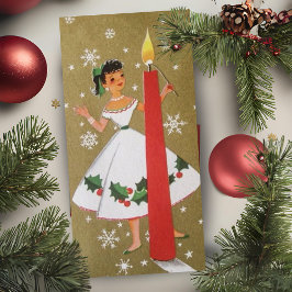 Cartão De Festividades Vintage Retro Christmas Girl in Dourado and White