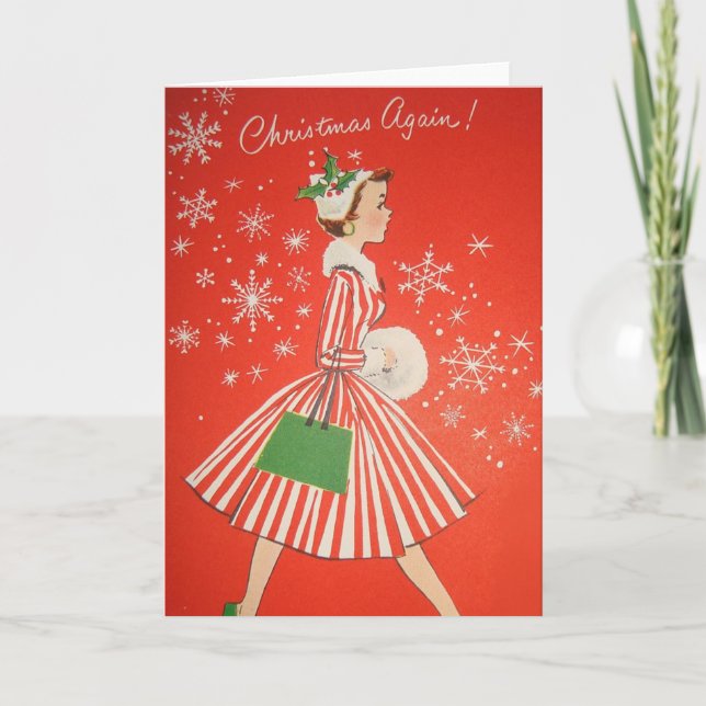 Cartão De Festividades Vintage Retro Christmas Greeting Card (Frente)