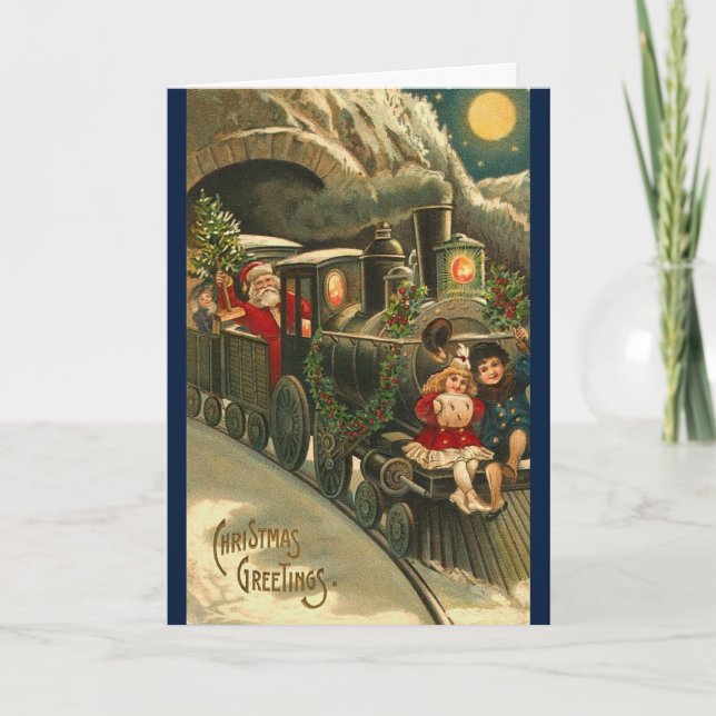 Cartão De Festividades Vintage Retro Christmas Train Art (Frente)