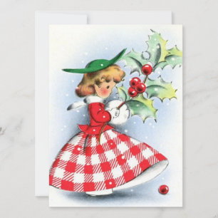 Cartão De Festividades Vintage Retro Christmas Woman com Holly Berry