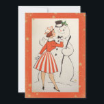Cartão De Festividades Vintage Retro Christmas Woman Snowman Holiday Card<br><div class="desc">Uma bonito ilustração inspirada na vintage que tem uma mulher num vestido listrado vermelho e branco colocando uma gravata de bolso num sorridente boné de cima. Há uma borda cor de laranja avermelhada à volta da imagem para corresponder à cor do vestido da mulher. Sobre isso está um padrão bonito...</div>