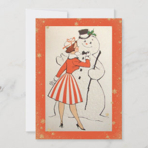 Cartão De Festividades Vintage Retro Christmas Woman Snowman Holiday Card