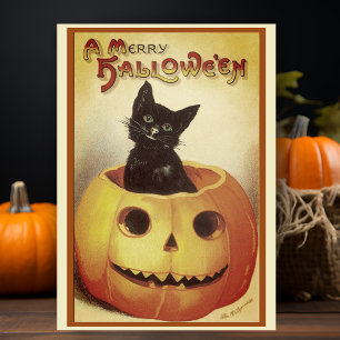 Cartão De Festividades Vintage Retro Gato Preto Feliz Halloween Personali