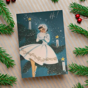 Cartão De Festividades Vintage Retro Girl no Natal Branco