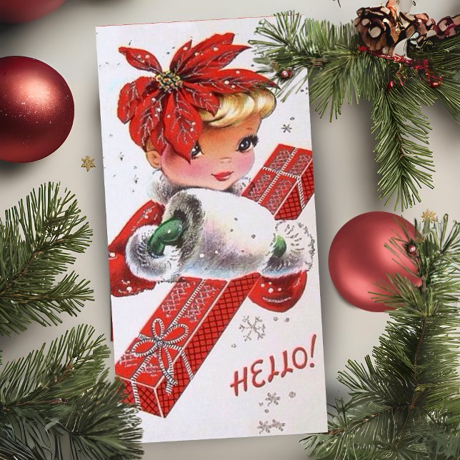 Cartão De Festividades Vintage Retro Natal Poinsettia Personalizada (Vintage Retro Christmas Poinsettia Lady Custom Holiday Card. Just add your name & a special message!)