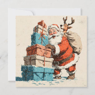 Cartão De Festividades Vintage Retro Simples Rena Santa Claus