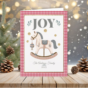 Cartão De Festividades Vintage Rocking Horse Red Gingham Heirloom Joy