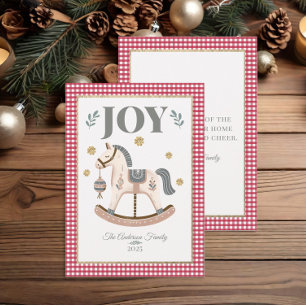 Cartão De Festividades Vintage Rocking Horse Red Gingham Joia Natal