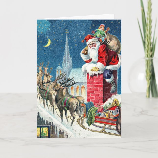 Cartão De Festividades Vintage Rooftop Santa & Sleigh Christmas (Frente)