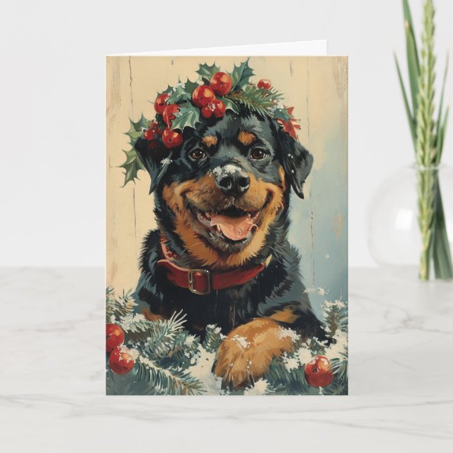 Cartão De Festividades Vintage rottweiler personalizado Natal (Frente)