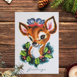 Cartão De Festividades Vintage Rudolph e Blue Birds Saudações