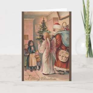 Cartão De Festividades Vintage Santa Claus e Angel Christmas Card