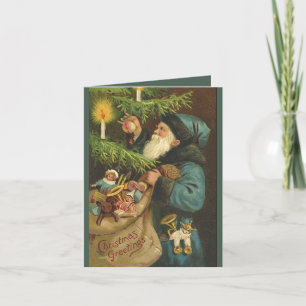 Cartão De Festividades Vintage santa tree candle Christmas card