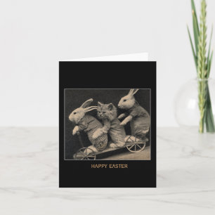 Cartão De Festividades Vintage Sepia Bunnies & Kitten Easter