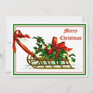 Cartão De Festividades Vintage Sled com Holly Christmas