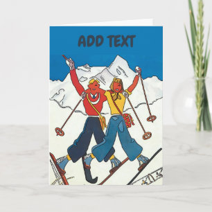 Cartão De Festividades Vintage Snow Casal, adicione texto, placa