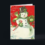 Cartão De Festividades Vintage Snowman Christmas<br><div class="desc">Um boneco de neve vintage em um fundo vermelho com uma saudação de Natal.</div>