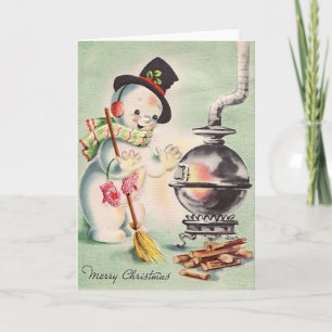 Cartão De Festividades Vintage Snowman Por The Wood Stove