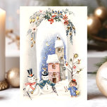 Cartão De Festividades Vintage Snowmen Angel Boy Courier Natal<br><div class="desc">Vintage Snowmen Angel Boy Courier Natal Car. Este design apresenta dois bonecos de neve e um mensageiro de anjo. Que bela cena de feriado retrô. Personalize este design personalizado com sua própria saudação de dentro.</div>