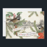 Cartão De Festividades Vintage Songbird Merry Christmas Village Evergreen<br><div class="desc">Dois passarinhos europeus crestados em ramos verdes e enfeitados com a Holly e a poinsettia com uma pequena cidade distante. Vintage banner diz "Desejando um Feliz Natal a você".</div>