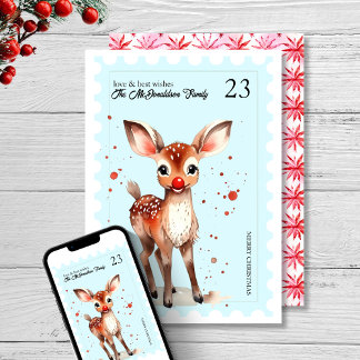 Cartão De Festividades Vintage Stamp Kitsch Reindeer Retro Blue Christmas