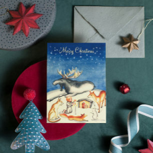 Cartão De Festividades Vintage sueca Woodland Dark Blue Felry Natal