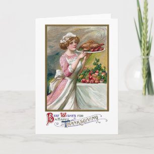 Cartão De Festividades Vintage Thanksgiving Hostess with Roast Turkey