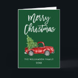 Cartão De Festividades Vintage Truck Green Christmas do Escovo Script<br><div class="desc">Pincel Script Watercolor Vintage Red Truck com Árvore de Natal - Feliz Cartão Verde de Natal</div>