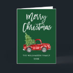 Cartão De Festividades Vintage Truck Green Christmas do Escovo Script<br><div class="desc">Pincel Script Watercolor Vintage Red Truck com Árvore de Natal - Feliz Cartão Verde de Natal</div>