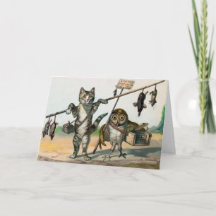 Cartão De Festividades Vintage Victorian Cat and Owl Christmas Card