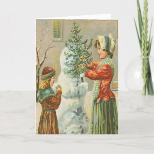 Cartão De Festividades Vintage Victorian Children constrói o Natal de Sno