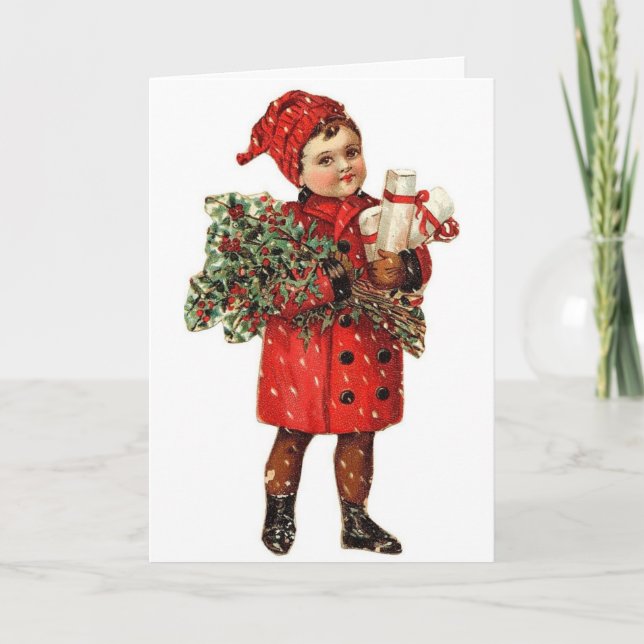 Cartão De Festividades Vintage Victorian Christmas Boy, (Frente)