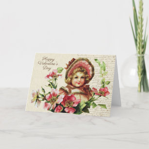 Cartão De Festividades Vintage Victorian Cute Little Girl com Rosas