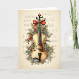 Cartão De Festividades Vintage Watercolor Folha de Natal Música Violino