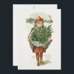 Cartão De Festividades Vintage Watercolor Girl Carregando A Tree Christma<br><div class="desc">Um cartão de feriado elegante de Cartões de natal retrógrados Vintage. O desejo apresenta um desenho de coloração d'água de carregando feminino uma árvore que fica em pé na neve branca. E nós colocamos na parte de trás deste cartão de Natal uma saudação personalizável que você pode guardar ou substituir...</div>