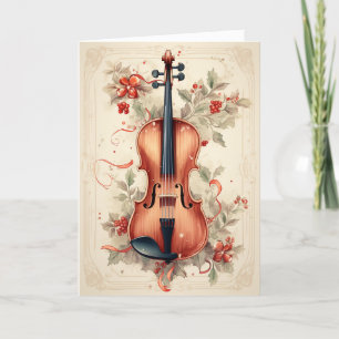 Cartão De Festividades Vintage Watercolor Música Natal Holly & Violin