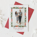 Cartão De Festividades Vintage Watercolor Poinsettias Pine Agulha Foto<br><div class="desc">Feliz Feriados! Envie seus desejos de feriado e saudações para a família e amigos com este Cartões de foto de Natal floral personalizável. Apresenta uma estrutura aquosa de pinecones, agulhas de pinheiros, colas, bagas e poinsettia. Personalize adicionando nomes, mensagens e uma foto vertical. Este cartão plano de fotos florais vintage...</div>