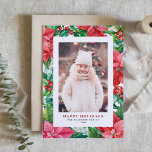 Cartão De Festividades Vintage Watercolor Red Poinsettias Foto Vertical<br><div class="desc">Feliz Natal! Mande cumprimentos de Natal para a família e amigos com este cartão de Natal. Apresenta ilustrações de aquarelas ou poinsetos vermelhos e cor-de-rosa,  bagas e verde. Personalize adicionando uma foto,  nomes e mensagem.</div>