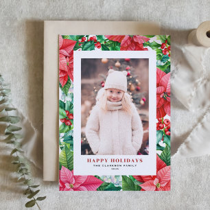 Cartão De Festividades Vintage Watercolor Red Poinsettias Foto Vertical
