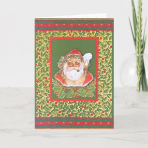 Cartão De Festividades "Vintage-Weihnachtsmann mit Ilex", rot-grün