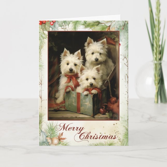 Cartão De Festividades Vintage Westie Christmas (Frente)