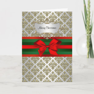 Cartão De Festividades Vintage White Damask 3 Red Green Ribbon Xmas