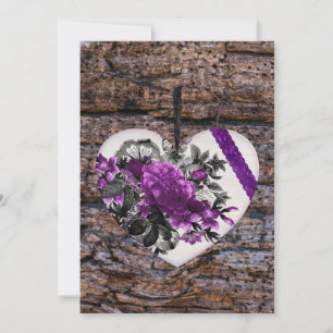 Cartão De Festividades Vintage White Purple Floral Heart on Dark Wood