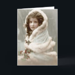 Cartão De Festividades Vintage Winter Christmas Girl<br><div class="desc">Modelo Vertical da Placa de Saudação</div>