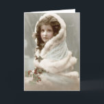 Cartão De Festividades Vintage Winter Christmas Girl<br><div class="desc">Modelo Vertical da Placa de Saudação</div>