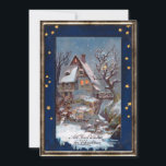 Cartão De Festividades Vintage Winter Cotage Saudação de Natal<br><div class="desc">A ilustração de inverno da época vitoriana,  encantadora,  apresenta uma cabana coberta de neve com céu noturno estrelado e saudações de Natal em moldes antigos. A parte traseira apresenta gráficos complementares e campos de texto editáveis para seu nome e mensagem pessoal.</div>